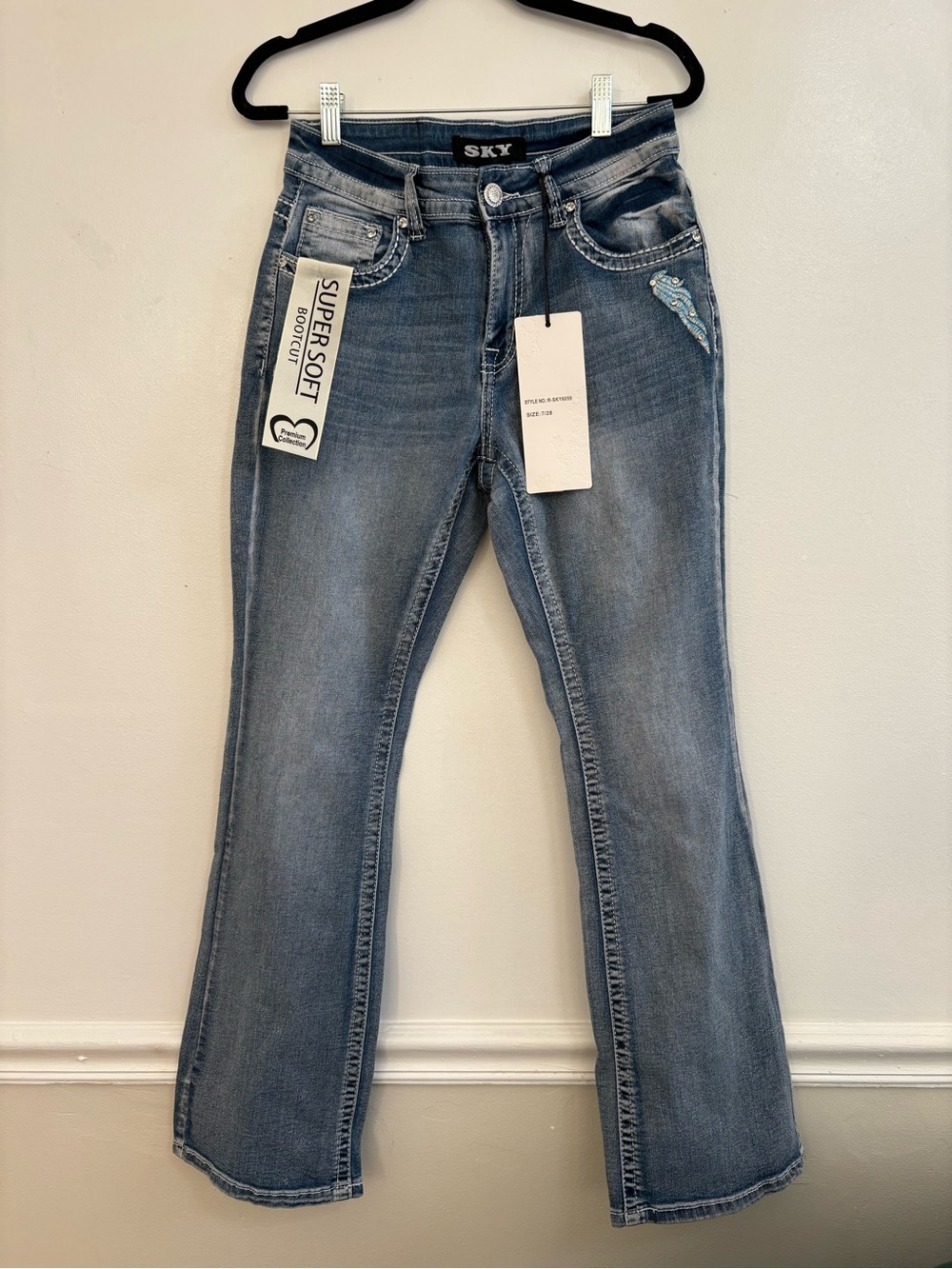 Sky Women's Light Blue Bootcut Jeans with Red Heart & Wing Embroidery - Picture 2 of 6